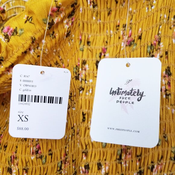 NEW Free People Bella Smocked Slip Tie Strap Bodycon Mini Dress XS Yellow Gold - Picture 7 of 12